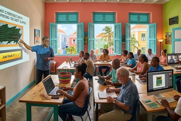 Profesor di IT dunando lès di ciberseguridad na Kòrsou miéntras adultonan ta studia i traha den un salon na Willemstad.