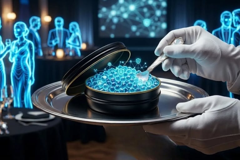 A silver tray with a luxurious black tin filled with glowing blue neon cyber caviar and security shield data symbols.