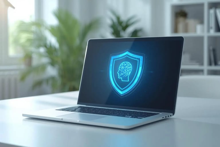 Glowing shield protecting human head silhouette on laptop screen, blocking external identity theft threat 2026