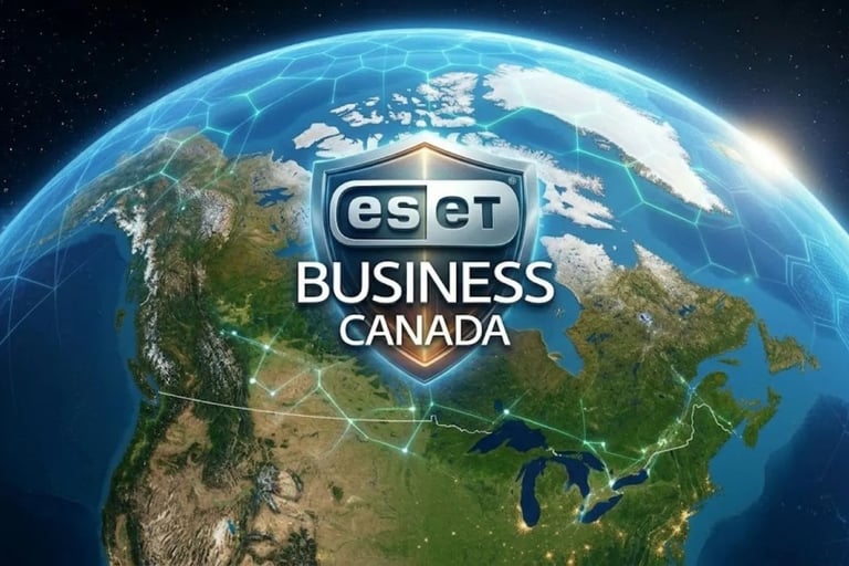 Digital map of Canada from space displaying ESET BUSINESS CANADA endpoint security coverage.