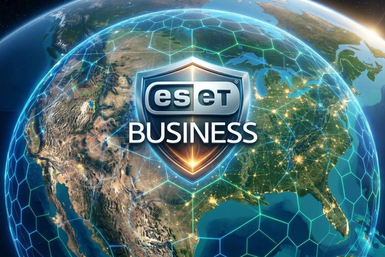 Orbital view of USA continent with ESET BUSINESS antivirus shield glowing over major economic hubs.