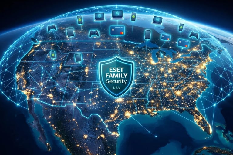 High-altitude orbital view of USA protected by ESET FAMILY Security shield, covering 15 devices nationwide.