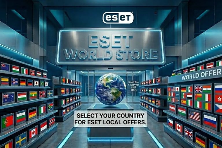 ESET World Store Grand Opening: crowded store with people scrambling for antivirus and VPN deals on flag-lit shelves.