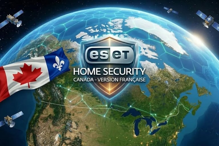 Orbital view of Canada protected by a glowing ESET HOME SECURITY shield (French Version) and a secure network from space.