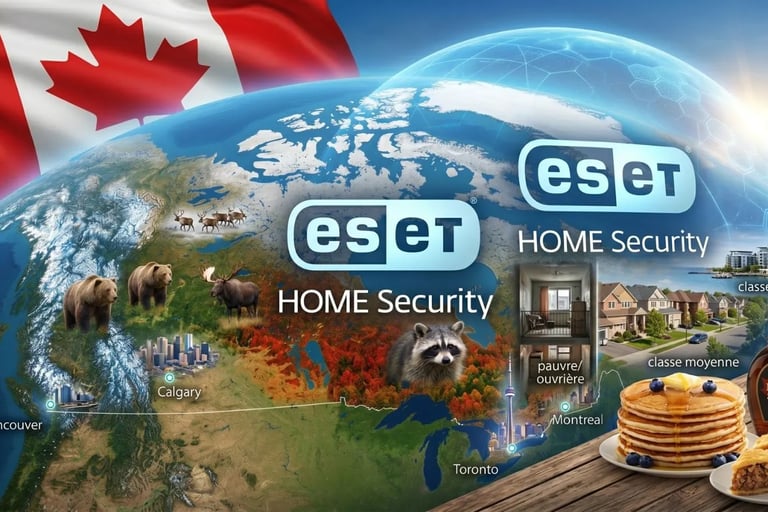 Detailed orbital photograph of the Canadian landmass from space protected by an ESET HOME Security digital grid.