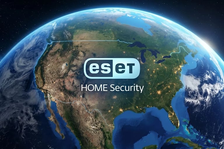 High-tech satellite view of the United States map protected by ESET HOME Security digital shield