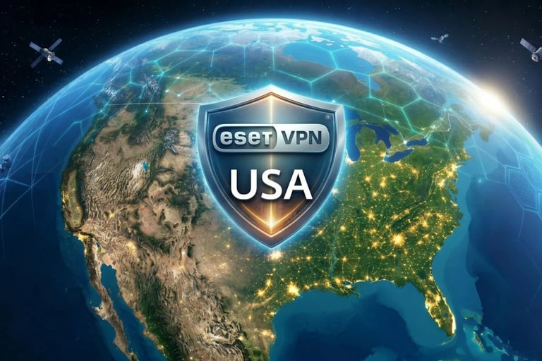 Earth globe centered on North America with ESET VPN USA logo and secure satellite communication network.