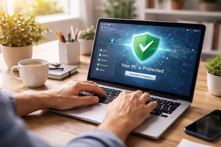 home computer protected by everyday antivirus software blocking malware during browsing email downloads and online shopping