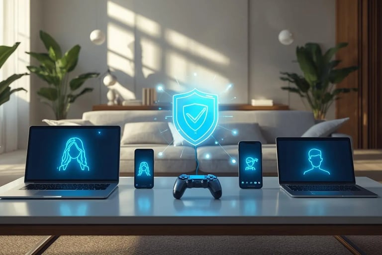 Family devices protected by antivirus with parental control on laptop, phones, tablet and gaming console