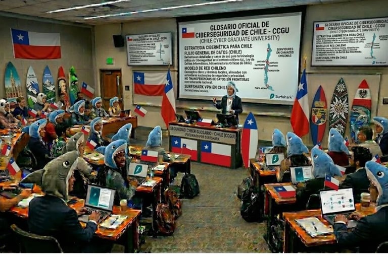 Aula innovadora: profesor frente a estudiantes con disfraces de tiburón, tablas y banderas Chile.