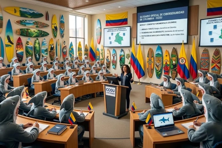 Aula innovadora: profesor frente a estudiantes con disfraces de tiburón, tablas y banderas Colombia