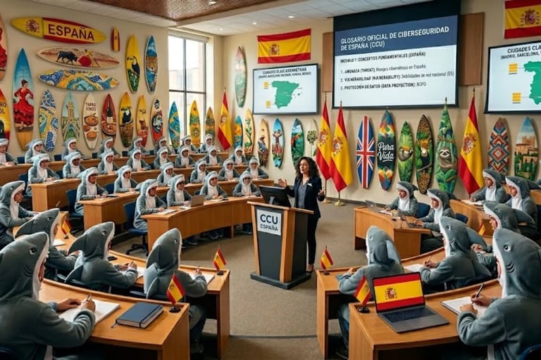 Aula innovadora: profesor frente a estudiantes con disfraces de tiburón, tablas y banderas España