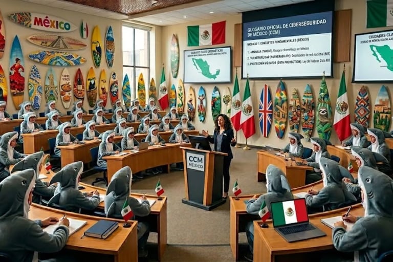 Aula innovadora: profesor frente a estudiantes con disfraces de tiburón, tablas y banderas México