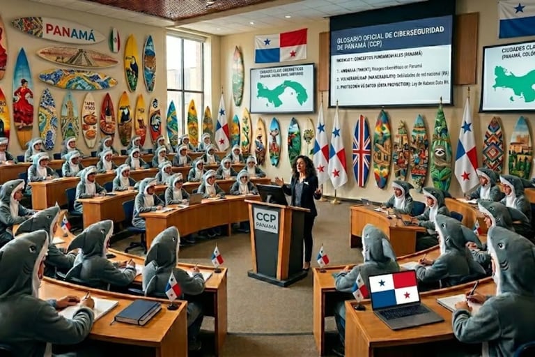 Aula innovadora: profesor frente a estudiantes con disfraces de tiburón, tablas y banderas Panamá