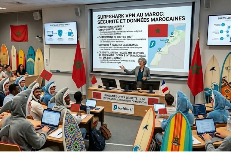 Amphi innovant : professeur face à des étudiants requins, planches de surf et drapeaux Maroc.