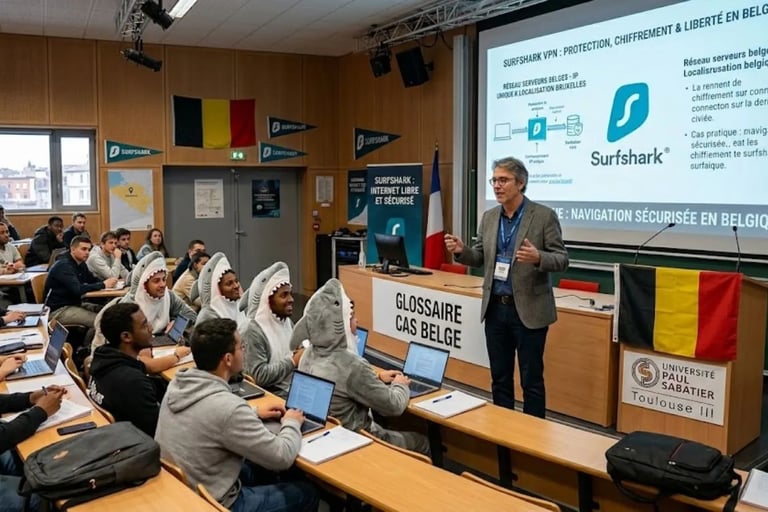 Amphi innovant : professeur face à des étudiants requins, planches de surf et drapeaux Belgique
