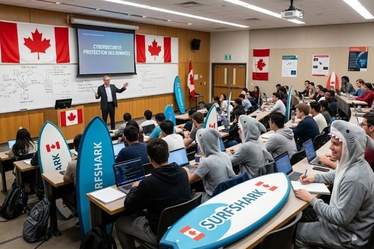 Amphi innovant : professeur face à des étudiants requins, planches de surf et drapeaux Canada.