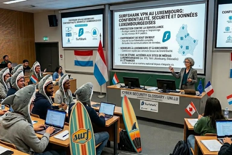 Amphi innovant : professeur face à des étudiants requins, planches de surf et drapeaux Luxembourg