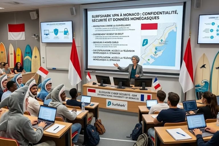"Amphi innovant : professeur face à des étudiants requins, planches de surf et drapeaux Monaco