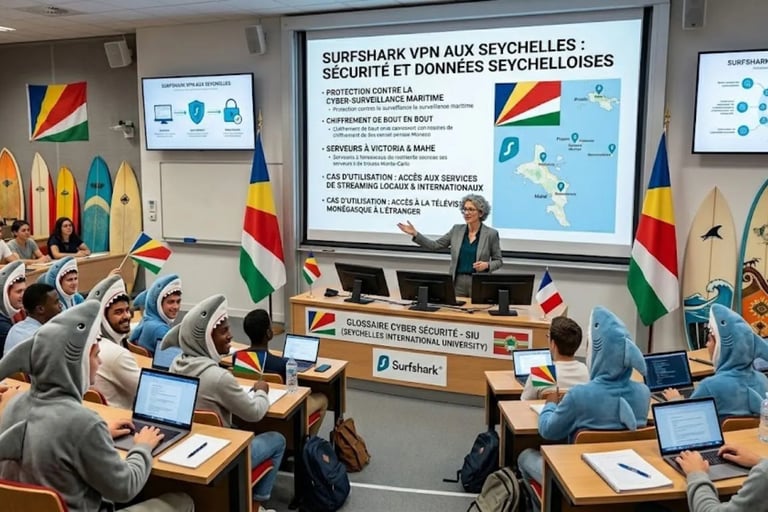 Amphi innovant : professeur face à des étudiants requins, planches de surf et drapeaux Seychelles.