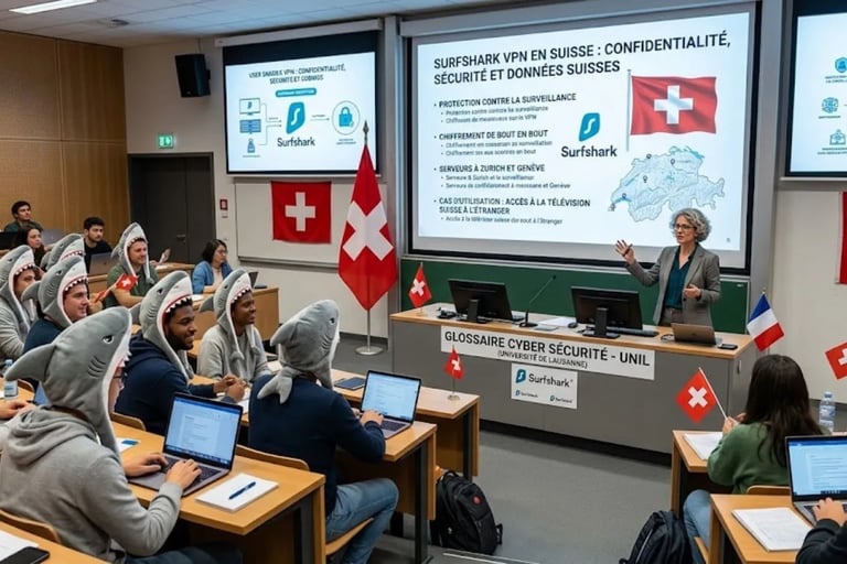 Amphi innovant : professeur face à des étudiants requins, planches de surf et drapeaux Suisse