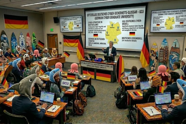 Innovativer Hörsaal: Professor vor Studenten in Haikostümen, Surfbretter und Deutschland-Flaggen.