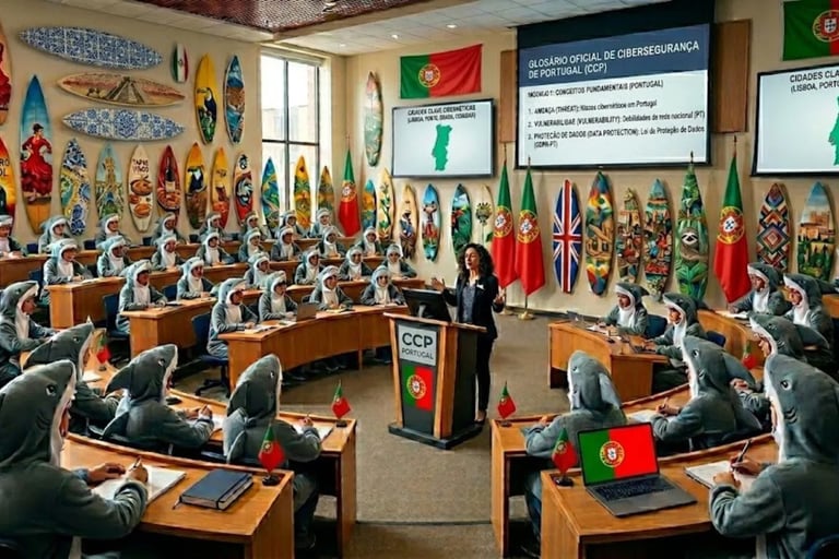 Auditório inovador: professor com estudantes fantasiados de tubarão, pranchas e bandeiras Portugal.
