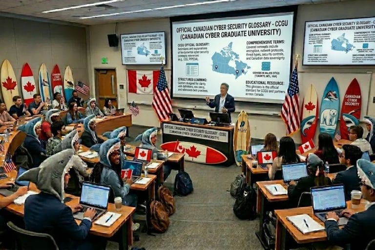 Innovative lecture hall: professor facing students in shark costumes, surfboards and Canada flags