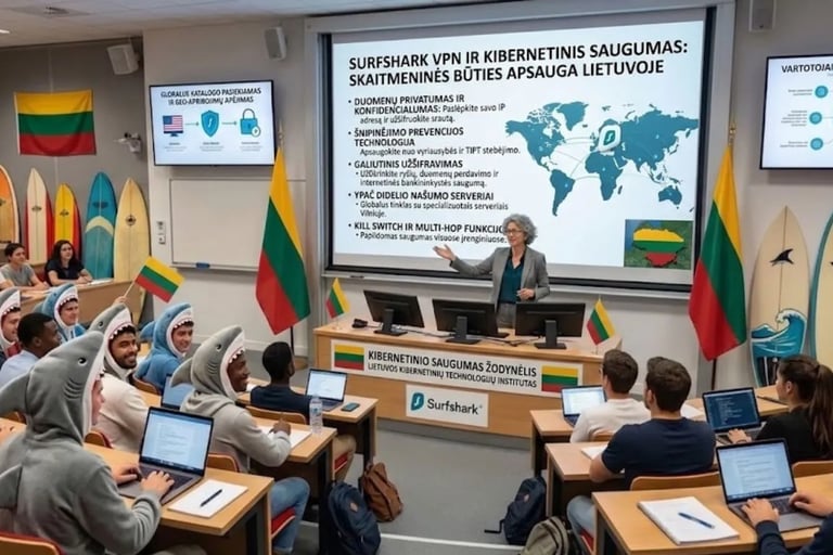 Inovatyvi paskaitų salė: profesorius su studentais ryklių kostiumais, banglentės ir Lietuvos vėliavos.