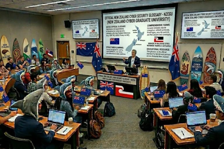 Innovative lecture hall: professor facing students in shark costumes, surfboards and NZ flags