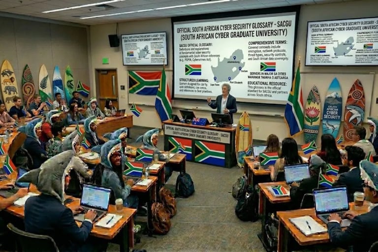 Innovative lecture hall: professor facing students in shark costumes, surfboards and S. Africa flags.