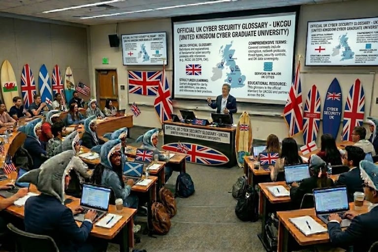 "Innovative lecture hall: professor facing students in shark costumes, surfboards and UK flags.