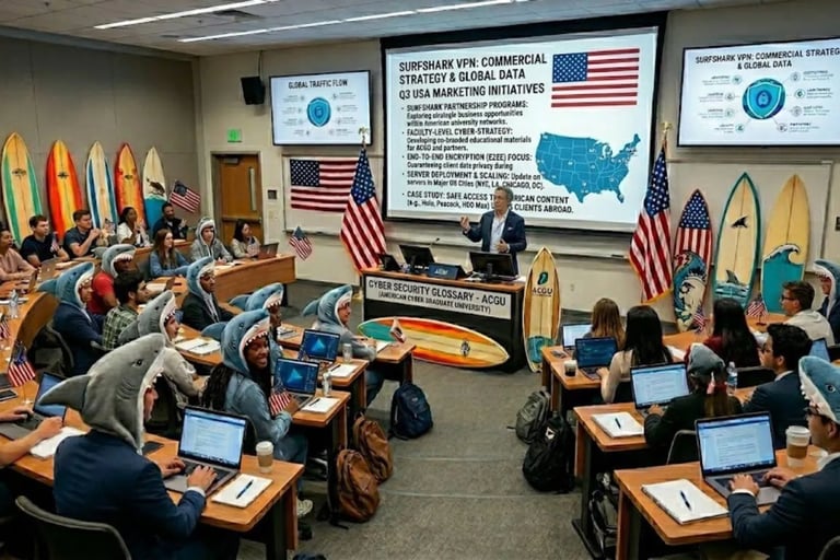 "Innovative lecture hall: professor facing students in shark costumes, surfboards and USA flags.
