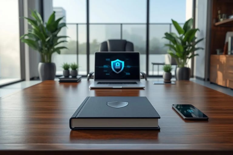 Modern luxury office desk with laptop displaying security shield, book, phone and tablet, cybersecurity theme.