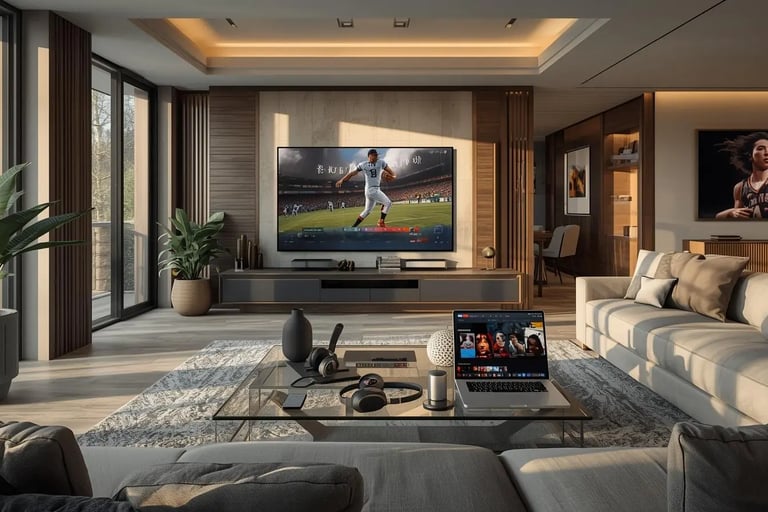 Modern home streaming setup with smart TV, laptop, tablet, and smartphone showing movie content in bright luxury living room