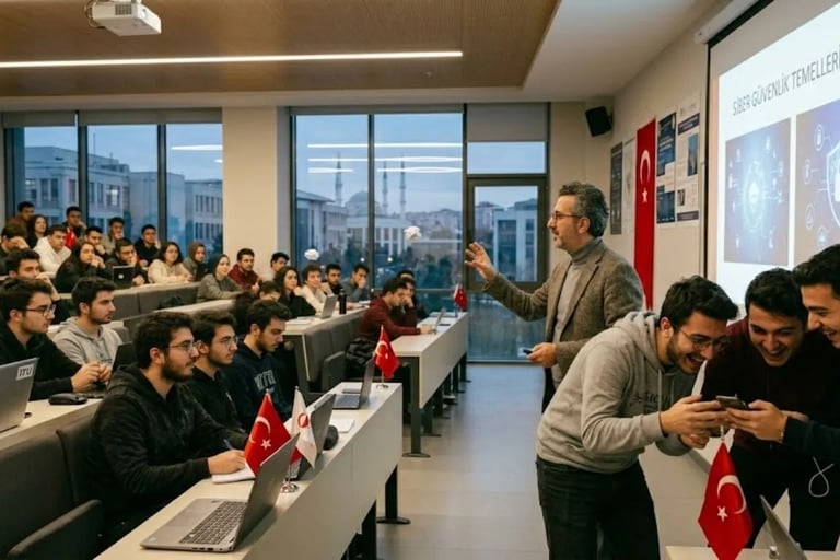 Türkiye'de bir üniversitede siber güvenlik dersi sırasında eğlenen öğrenciler ve Kaspersky 2026 sunumu yapan profesör.