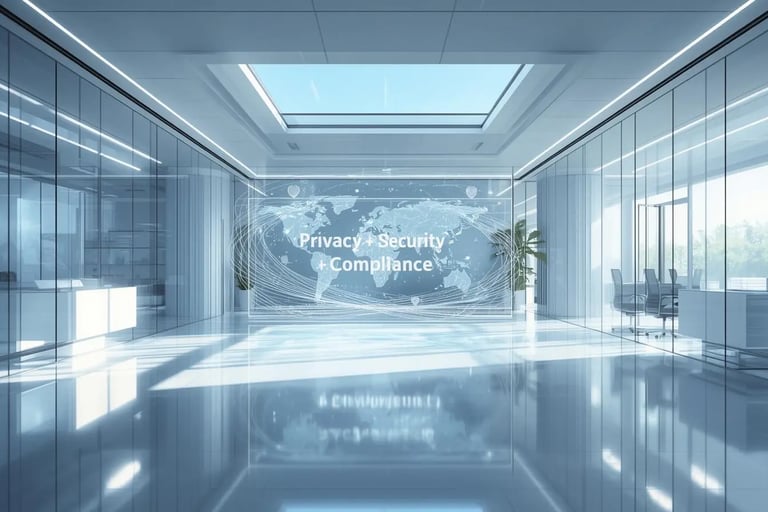 Futuristic international cybersecurity compliance office with holographic privacy and security dashboard