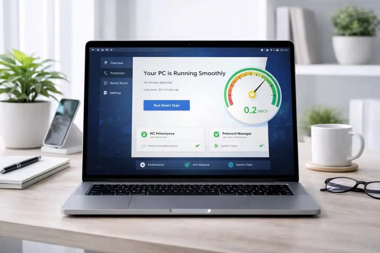 fast computer running lightweight antivirus protection maintaining system speed during gaming work and background tasks