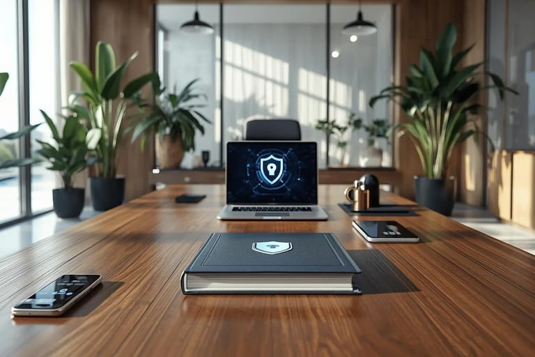 Modern luxury office desk with laptop displaying security shield, book, phone and tablet, cybersecurity theme.