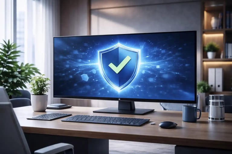 Luxury office desk with large desktop monitor displaying cybersecurity shield protection interface 