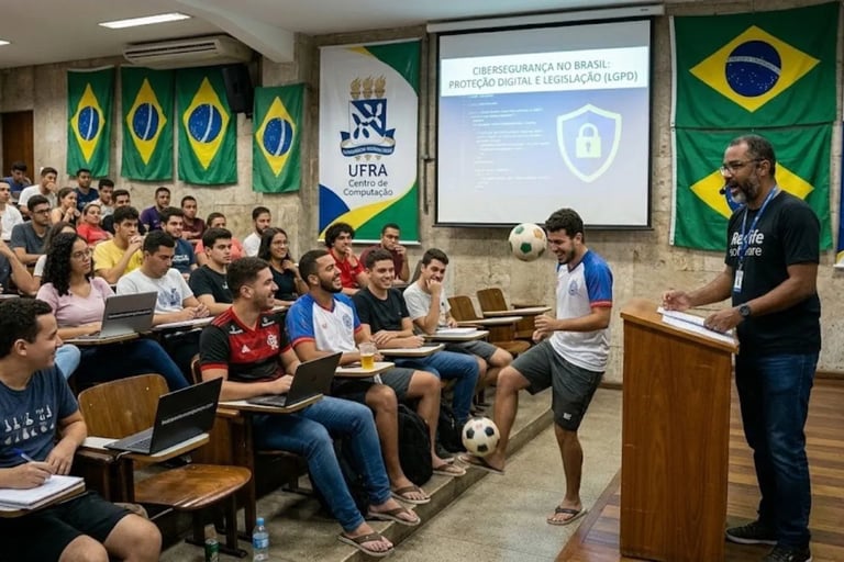 Professor de cibersegurança em faculdade brasileira dá aula enquanto alunos jogam futebol e se divertem em sala de aula.