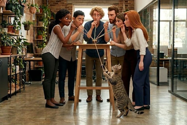 Funny drawing of a professional team and a cat sharing one single coffee cup with multiple straws in a break room.