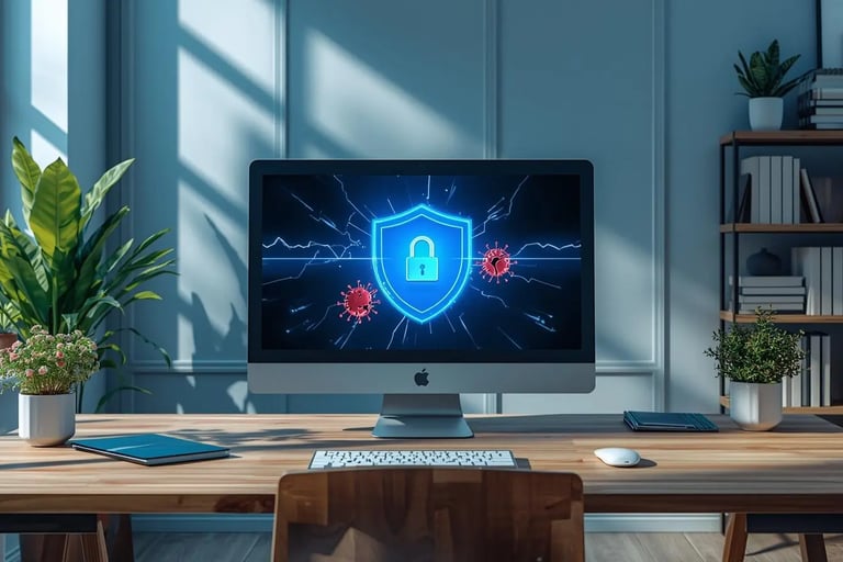 Desktop PC displaying a glowing blue security shield destroying red virus threats on screen in a bright modern office
