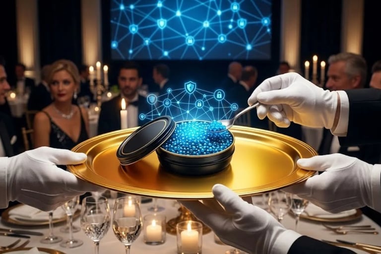 A waiter in white gloves serving a premium black tin of glowing blue cyber caviar  polished golden tray luxury dinner gala.