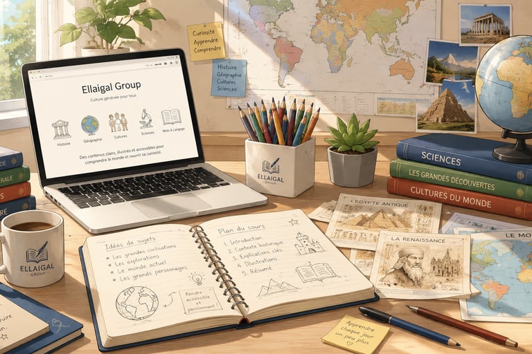 Espace de travail consacré à la culture générale avec globe terrestre, cartes, livres, ordinateur