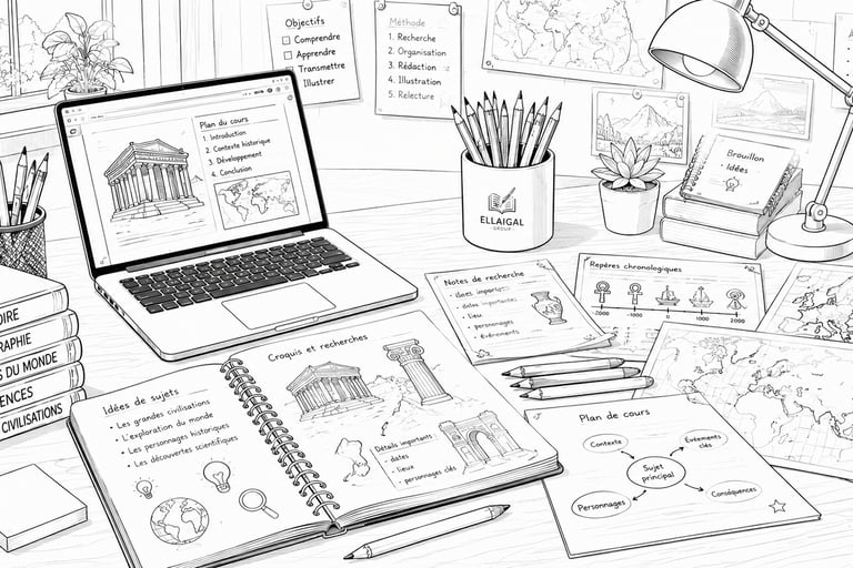 Illustration noir et blanc de préparation de contenus éducatifs avec ordinateur portable, notes