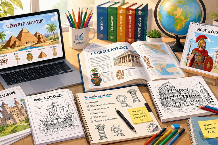 Exemple de contenu Ellaigal Group comprenant un cours illustré, 1 page à colorier, 1 modèle couleur