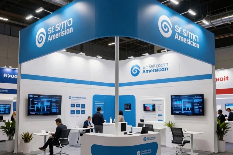 A wide, professional architectural photograph of a large-scale corporate trade fair setup with modular booths, soft blue lighting, and sleek branding elements in a South American convention hall.