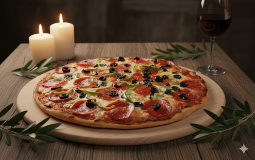 Pizza de pepperoni con aceitunas y pimientos verdes sobre una mesa de madera con velas.