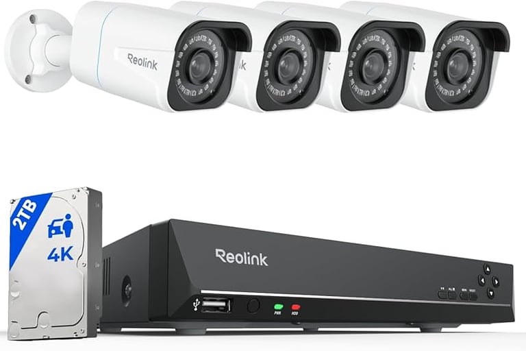 Reolink 4K security camera system with four outdoor bullet cameras, NVR recorder, and 2TB hard drive.